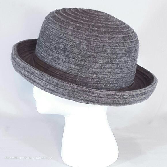 Womens Bowler Hat Ribbed Gray Wool Rolled Brim - Picture 2 of 7